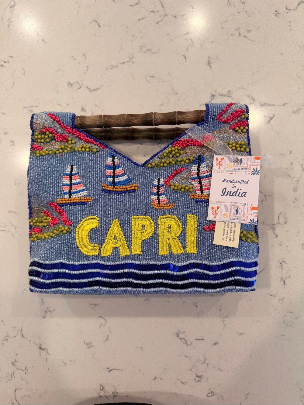 Viral Capri Beaded Sailboat Tote with Bamboo Handle